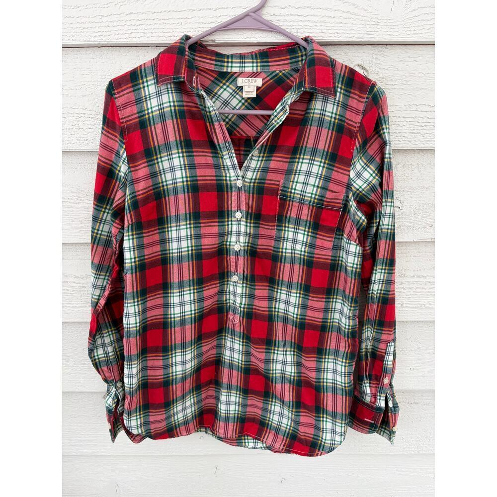 *J.CREW* Plaid Cottagecore Popover Flannel Shirt Tartan Pattern Women's XS - Picture 3 of 7